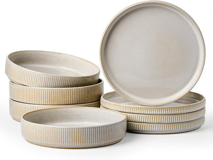 Stoneware Dinnerware Sets for 4, 8-Piece Wide Pasta Bowls and Salad Plates |