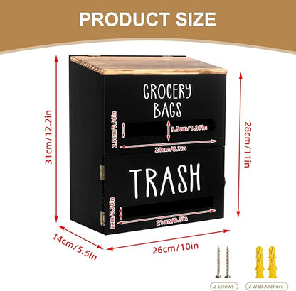2 in 1 Trash Bag Dispenser, Double Wall Mounted,Wood Trash Bag Holder, Used in Kitchen, Garage, Laundry Room, can Store Environmentally Friendly Food Bags and Garbage Bags (Black)