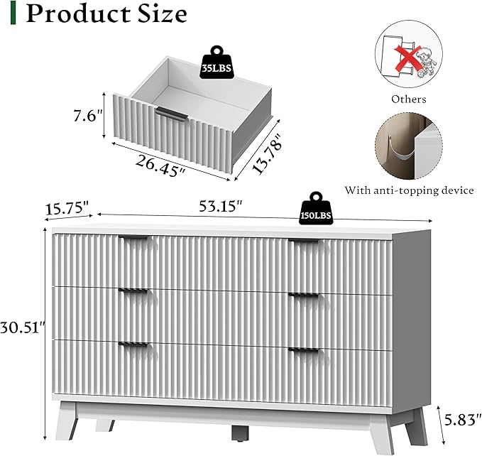 Fluted Dresser with 6 Drawers, 54" Wide Modern Chest of Drawers with Metal Handle, Wooden Dresser TV Stand, Wood Closet Clothes Storage Organizer for Bedroom, Living Room, Hallway, Solid White