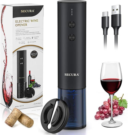 Secura Stainless Steel Electric Wine Opener, Rechargeable Automatic Home Wine Bottle Opener with Foil Cutter & Charging Cable, Reusable Corkscrew Wine Opener Electric for Wine Lovers, Black