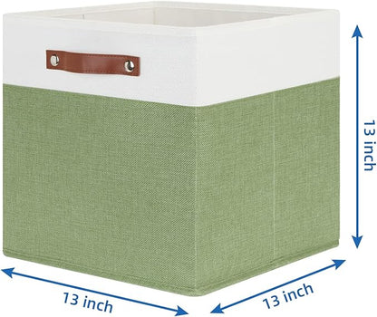 Temary 13 Inch Cube Storage Bin 4 Pack Fabric Storage Cubes Fabric Storage Bin for Shelf, Cube Storage Basket with Leather Handles(White&Green)