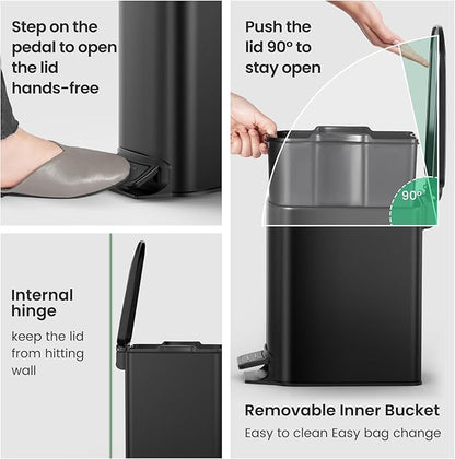 Cesun Small Bathroom Trash Can with Lid Soft Close, Step Pedal, 6 Liter / 1.6 Gallon Stainless Steel Garbage Can with Removable Inner Bucket, Anti-Fingerprint Finish (Matt Black)