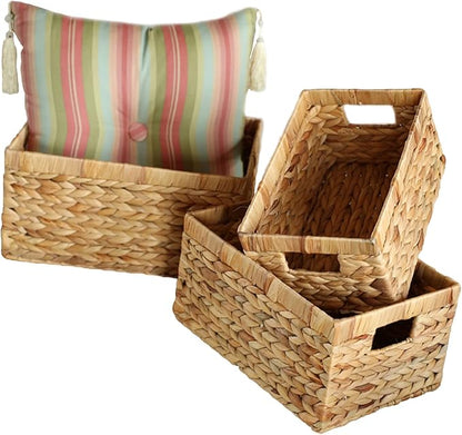 Water Hyacinth Wicker Baskets for Organizing, Rectangular Wicker Baskets with Built-in Handles,3-Pack
