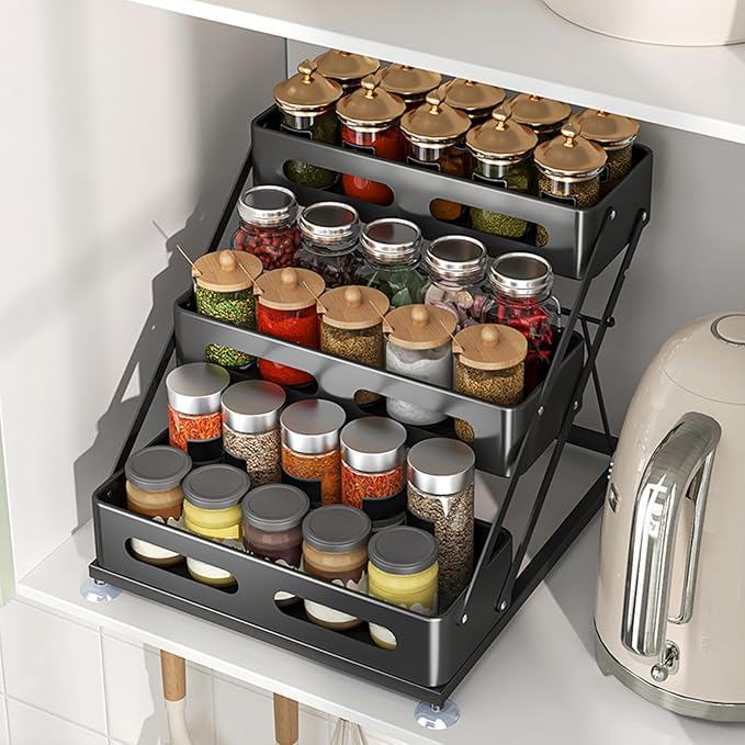 3 Tier Foldable Spice Rack for Countertop Iron Kitchen Seasoning Organizer for Cabinet, Black