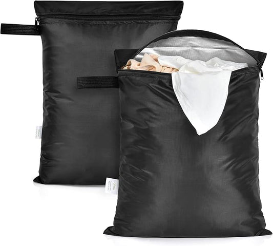 OTraki 12x16 inch Wet Bag 2Pcs Waterproof Swim Bag for Wet Clothes Small Swimsuit Dirty Clothes Laundry Bag Travel Machine Washable for Gym Beach Pool, Oxford Cloth with Handle & Zippered, Black