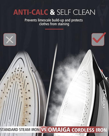 Cordless Iron for Clothes, 1500W Steam Iron Rapid Heating, Non-Stick Ceramic Soleplate, Auto Shut Off, Burst of Steam, Self-Clean, Anti Drip, 3 Temperature Settings, 11.84oz Water Tank, Black