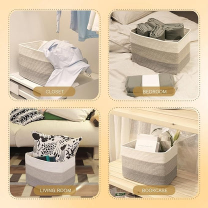 Hopegiver Woven Storage Baskets 15x11x10 Inch, 3 Pack Collapsible Cube Storage Bin for Shelves - Foldable Cotton Rope Organizer Bins for Towels, Toys, Books, Closet, Nursery (White Light-Gray Gray)