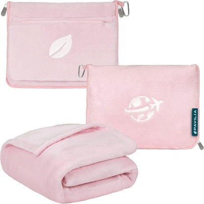 PAVILIA Travel Blanket and Pillow, Arms Opening Airplane Blankets for Adults, Compact Plane Blanket with Arm Hole 2-in-1 Bag for Flight Car Camping Fit in Luggage Backpack Traveler Gift, Pink