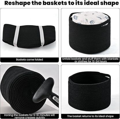 Small Black Baskets for Organizing, Storage Baskets for Shelves, Small Woven Basket for Storage, Cute Basket for Gifts, Mini Cotton Rope Baskets, 9.7"×9.7"×7" (3 Packs) Black