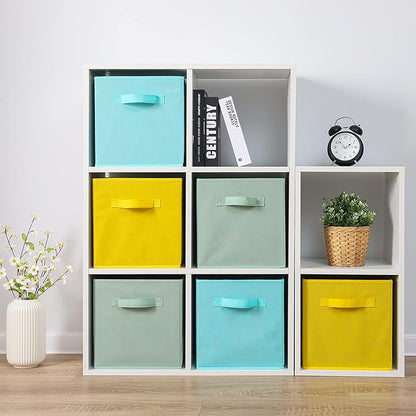 Stero Fabric Storage Bins 6 Pack Fun Colored Durable Storage Cubes with Handles Foldable Cube Baskets for Home, Kids Room, Closet and Toys Organization Cyan, Green, Yellow