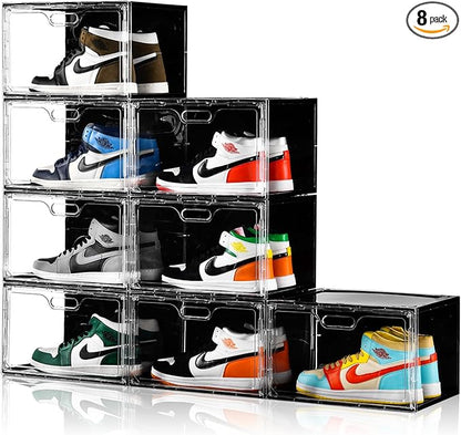 New 8 Pack Shoe Boxes Stackable, Large Shoe Storage Organizer with Lids,Drop Side Shoe Containers for Entryway,Sneaker Storage Fit up to US Size 13 for Men/Women(13’’x 10.6”x 8.3”)