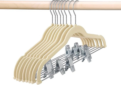 HOUSE DAY Velvet Skirt Hangers 12 Pack, Beige Velvet Pant Hangers with Adjustable Clips, Space Saving Slim Shorts Hanger, Heavy Duty Non Slip Clip Hanger for Pants, Skirts, Shorts