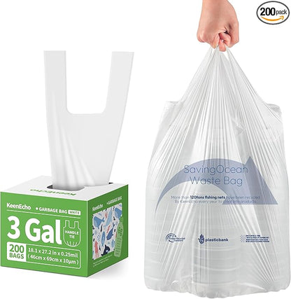 Small Trash Bags with Handles 3 Gallon 200 Count White - Ocean Plastic Upcycling - Plastic Garbage Bags, Can Bin & Waste Basket Liner for Kitchen, Bathroom, Office and Pets