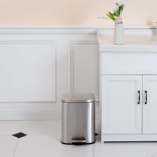 Amazon Basics Smudge Resistant Small Rectangular Trash Can With Soft-Close Foot Pedal, Brushed Stainless Steel, 12 Liter/3.1 Gallon, Satin Nickel Finish, 11.3"L x 9.9"W x 15.1"H