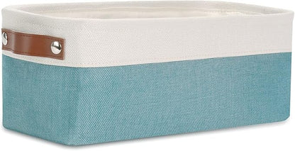 DULLEMELO Fabric Bathroom Storage Bin with Leather Handles, Narrow Organizer for Towels, Toilet Paper Rolls, Storage Basket for Back of Toilet, Vanities, Shelves & Cabinets (White&Teal)