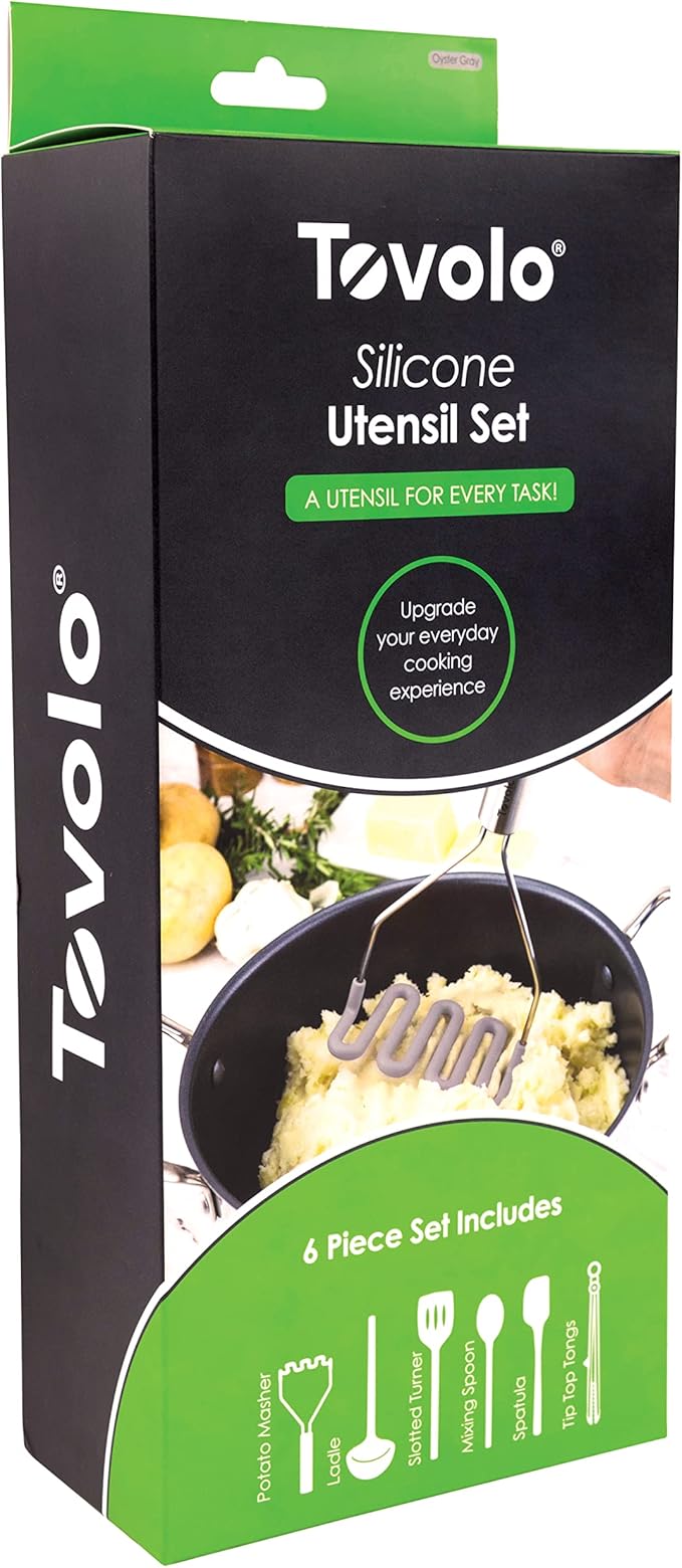 Tovolo Silicone Cooking Utensil Set of 6 Oyster Gray Ladle Slotted Turner Tongs Flex Core Spatula Scraper Mixing Spoon and Potato Masher, Dishwasher Safe Non Toxic BPA Free Silicone Kitchen Utensils