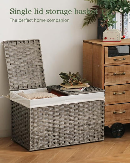 Storage Basket with Lid Rattan Storage Basket with 2 Separate Lid, 27.8 Gallon (105 L) 25.2 * 15.4 * 16.1 Inches Woven Wicker Baskets with 2 Liners and Handles for Bedroom Laundry-Gray