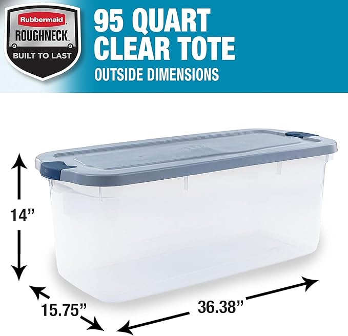 Rubbermaid Roughneck Clear 95 Qt/23.75 Gal Storage Containers, Pack of 4 with Latching Grey Lids, Visible Base, Sturdy and Stackable, Great for Storage and Organization