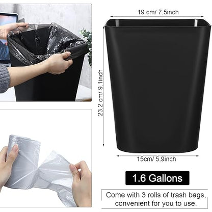 Eccliy 6 Pack Plastic Trash Can with 3 Rolls of Trash Bags Small Wastebasket Garbage Bin Container for Bathroom, Bedroom, Home Office, Living Room, Kitchen (Black)