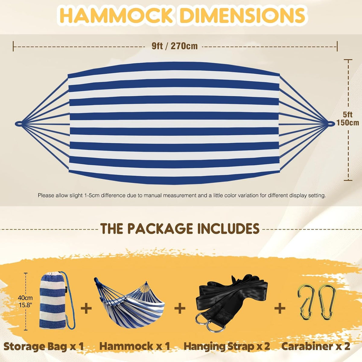 ANYOO Cotton Hammock Portable Camping Hammocks for Hanging Sturdy Garden Comfortable Fabric Hammock with Tree Straps Up to 660lbs with Travel Bag for Camping Outdoor/Indoor Patio Backyard