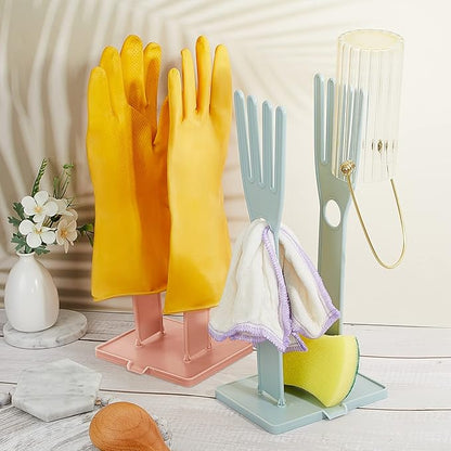 Nuenen 2 Pieces Kitchen Glove Holder Glove Drying Rack Dryer Plastic Mitten Rubber Rack Sink Stand Towel Hanger Reusable Towel Storage Holders for Sponge Food Bag Organizer, Pink and Blue