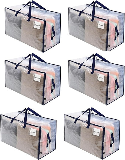 VENO 6 Pack Moving and Storage Bags, Heavy Duty, Alternative to Moving Boxes, Large Packing Totes Supplies for College Dorm Room with Zipper for Clothes, Wide Open Design (Clear, 6 Pack)