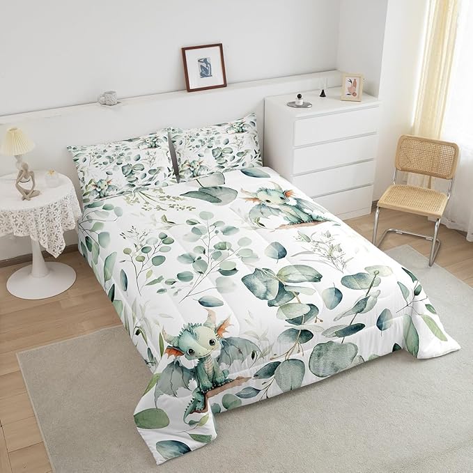 Erosebridal Boys Magic Animal Twin Bedding Sets Cute Dragon Comforter Set, Cartoon Wildlife Bedding Comforter Sets Green Leaf Duvet Insert, Spring Garden Plant Down Comforter Child Kids Bedroom Decor