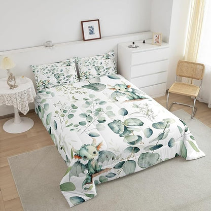 Erosebridal Boys Magic Animal Bedding Queen Size Cute Dragon Comforter Set Queen, Cartoon Wildlife Duvet Insert Green Leaf Quilt Set, Spring Plant Bedding Comforters & Sets Child Kids Bedroom Decor