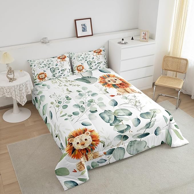 Erosebridal Cute Lion Queen Bedding Sets for Kids Child Green Eucalyptus Comforter Set, Woodland Animal Down Comforter Botanical Plant Leaves Bedding Comforter Sets, Cartoon Wildlife Duvet Insert