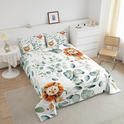 Erosebridal Cute Lion Bedding Toddler Size for Kids Child Green Eucalyptus Comforter Set Toddler, Woodland Animal Duvet Insert Plant Leaves Quilt Comforter, Cartoon Wildlife Bedding Comforters & Sets