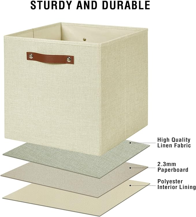 Collapsible Fabric Storage Cube Bins with 2 Reinforced PU Handles, Foldable Storage Organizer Baskets for Closet, Shelves, Living Room | 13"x13"x13", 4 Pack, Full Beige