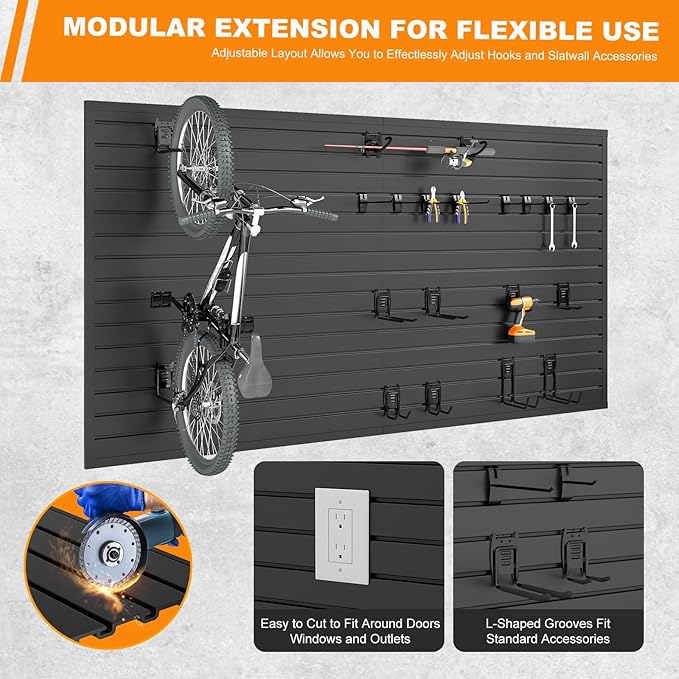 DoCred Slatwall Paneling Organizer, 4x7.5 FT PVC Garage Slat Wall Storage Systems, Heavy Duty Mounted Slat Peg Board for Tool Organization Ladder Bike Includes 27 PCS Hooks Accessories Kit (Black)