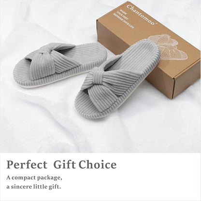 Chantomoo Slippers for Women Memory Foam House Bedroom Corduroy Bow Crossbands Slide Slipper Shoes Comfy Trendy Gift Slippers