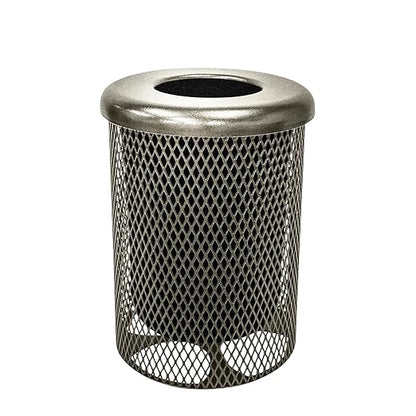 COATEDOUTDOORFURNITURE 32-Gallon Heavy-Duty Expanded Metal Round Trash Receptacle, Commercial Outdoor Waste Bin with Liner & Black Flat Top Lid – Made in America (Textured Gold Vein)