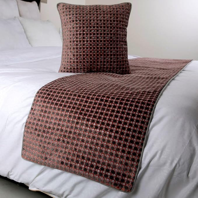 The HomeCentric Grey Bed Runner, CA King Size 86"x18" Decorative Bed Runner with 2 Matching Pillow Cover, Peach & Grey Velvet Bed Scarf in Sequins Embroidery - Ditto Dots