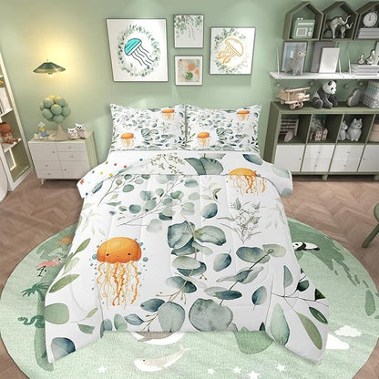 Erosebridal Kawaii Jellyfish King Comforter Set for Boys Girls Cartoon Animal Bedding Set King, Eucalyptus Leaves Bedding Comforter Sets Ocean Wildlife Duvet Set, Tropical Plants Quilted Comforter