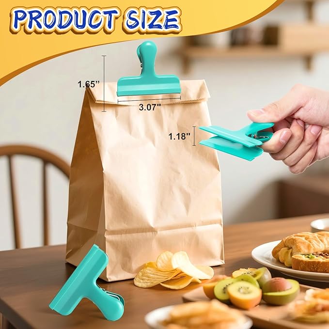 HOUSE AGAIN Chip Clips, 12 Pack Stainless Steel Chip Bag Clips Covered with Silicone, NO More Sharp Edges, Bag Clip for Food Packages, Heavy Duty for Kitchen and Office, Green
