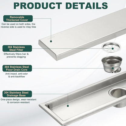 uxcell Rectangular Shower Drain, Brushed 304 Stainless Steel Odor-Proof Floor Drain Linear Shower Drain Hair Catcher for Bathroom Kitchen and Laundry Room(16 Inch, Bright Silver)