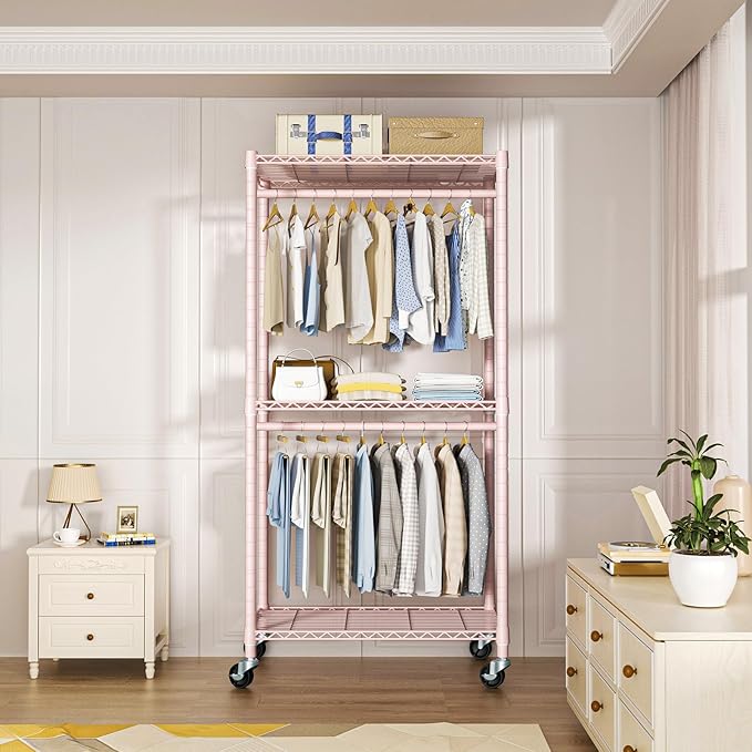 FUTASSI P1 Medium Heavy-Duty Portable Closet, 30" W x 14" D x 76" H, Metal Rolling Clothing Rack, Pink