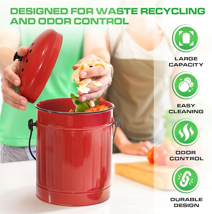 Plexon Countertop Compost Bin Kitchen with Lid, Red 1.5 Gallon Odorless Compost Container, Steel Food Compost Bucket for Kitchen with Charcoal Filter, Pail for Countertop