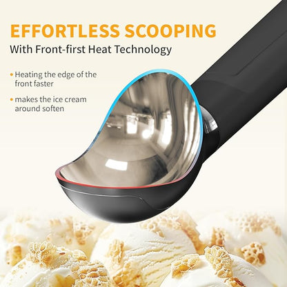 Heated Ice Cream Scoop, Electric Scooper for Hard IceCream, Self Warming Spoon Max to 158℉, Rechargeable Battery, Rust-Proof Metal, Easy to Clean(Black)