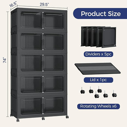 200GAL Extra Large Storage Bins with Lid, 800Qt Stackable Closet Organizers and Drawers, Collapsible Storage Bins with Wheels, Folding Storages Cabinet for Home Bedroom Office, 5Pack Black