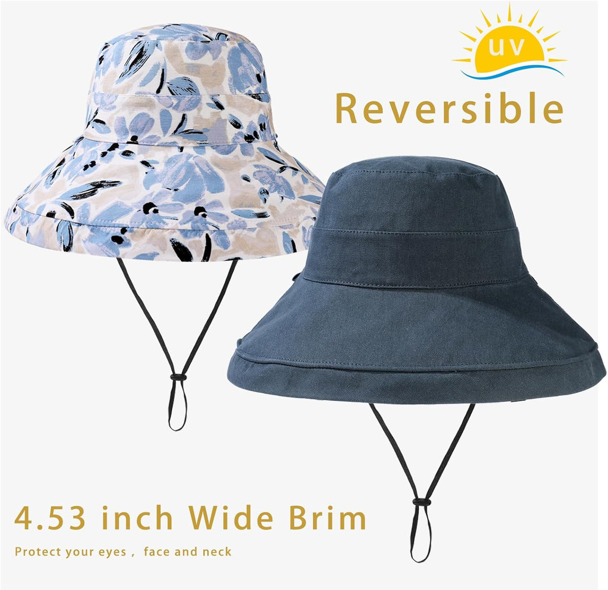 vidsel Womens Sun Hats Wide Brim Reversible Bucket Cotton Hat Packable Summer Travel Cap with Hat Clip,UV Protection