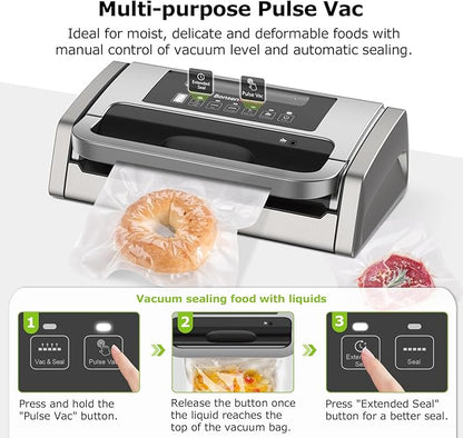 Bonsenkitchen Vacuum Sealer Machine, Powerful Low-Noise Food Vacuum Sealer, Globefish Technology for High-Speed Continuous Working (Full Silver)