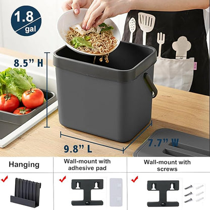 Kitchen Compost Bin, LALASTAR Food Waste Bin for Kitchen, Food Scrap Pail Bucket with Colander, Hanging Trash Can, 1.8 Gallons, Black