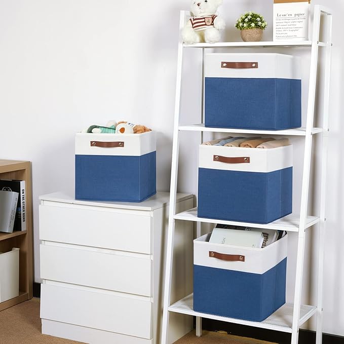 Temary Collapsible Storage Boxes - 12x12 Blue Cube Storage Bins with Handles for Organizing Home, White&Blue