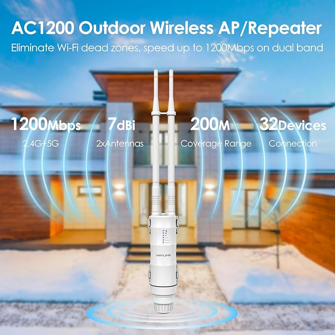WAVLINK AC1200 Outdoor Long Range WiFi Extender/Wireless Access Point with Active/Passive POE,WAN/LAN Port,IP67 Waterproof, Dual Band 5G+2.4G, 2x7dBi Antennas,Supports Router/AP/Repeater Modes