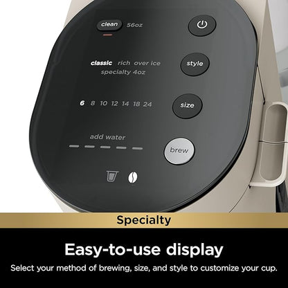 Ninja Pod & Grounds Specialty Single-Serve Coffee Maker, K-Cup Pod Compatible, Brews Grounds, Compact Design, Built-In Milk Frother, 56-oz. Reservoir, 6-oz. Cup to 24-oz. Mug Sizes, Stone, PB051ST