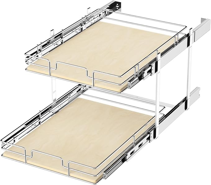 ROOMTEC 2 Tier Individual Pull Out Cabinet Organizer 19½"W x 21½"D, Slide Out Wood Shelves Organizers, Pull Out Drawers Organization and Storage for Kitchen Cabinet