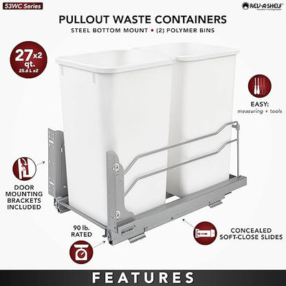 Rev-A-Shelf Double Pullout Trash Can for Base Kitchen Cabinets 27 Quart 12.5 Gallon with Soft-Close Slides, Champagne, 53WC-1527SCDM-212
